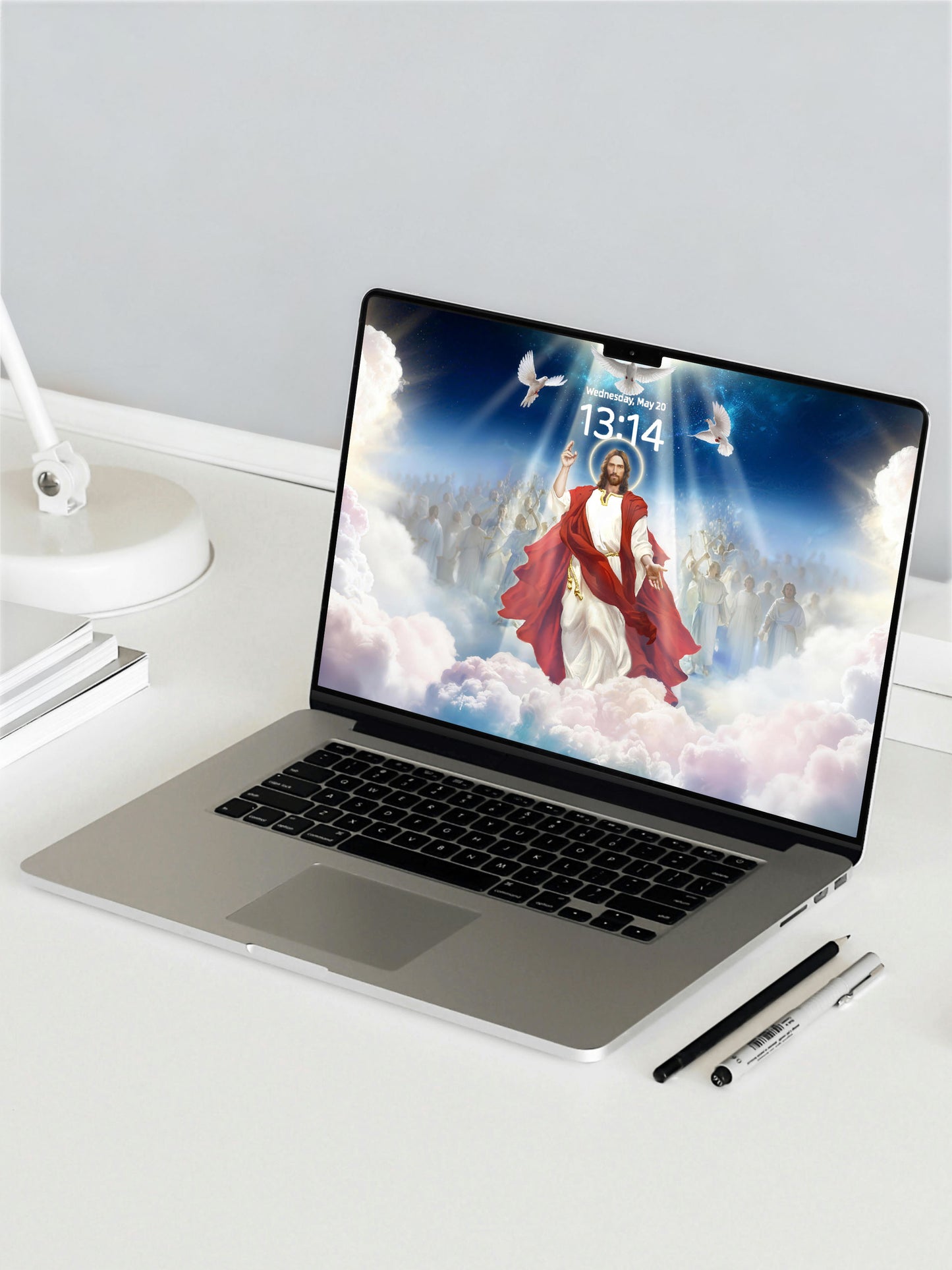 Jesus In Clouds With Halo And White Doves Digital Wallpaper