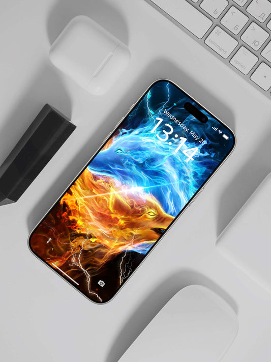 Phone wallpaper featuring dual element wolf design in fiery orange and icy blue, perfect for streetwear and gothic clothing.