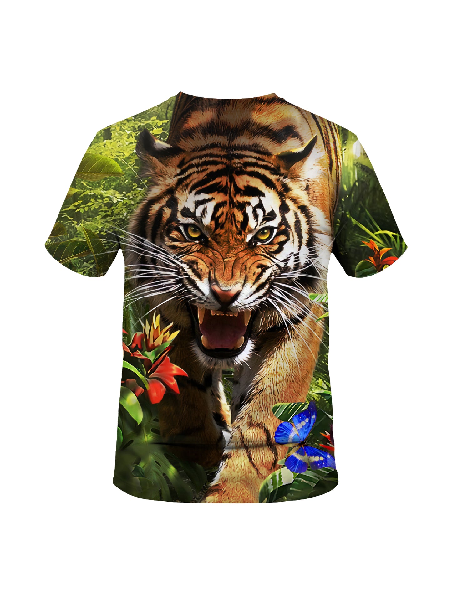 Vibrant 3d-printed tiger jungle t-shirt with roaring tiger, orange black stripes, red flowers, and blue butterflies for men and women