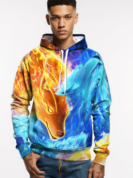 Unisex 3D All Over Print Hoodie Fire Ice Wolf Design Soft Cotton Blend Streetwear