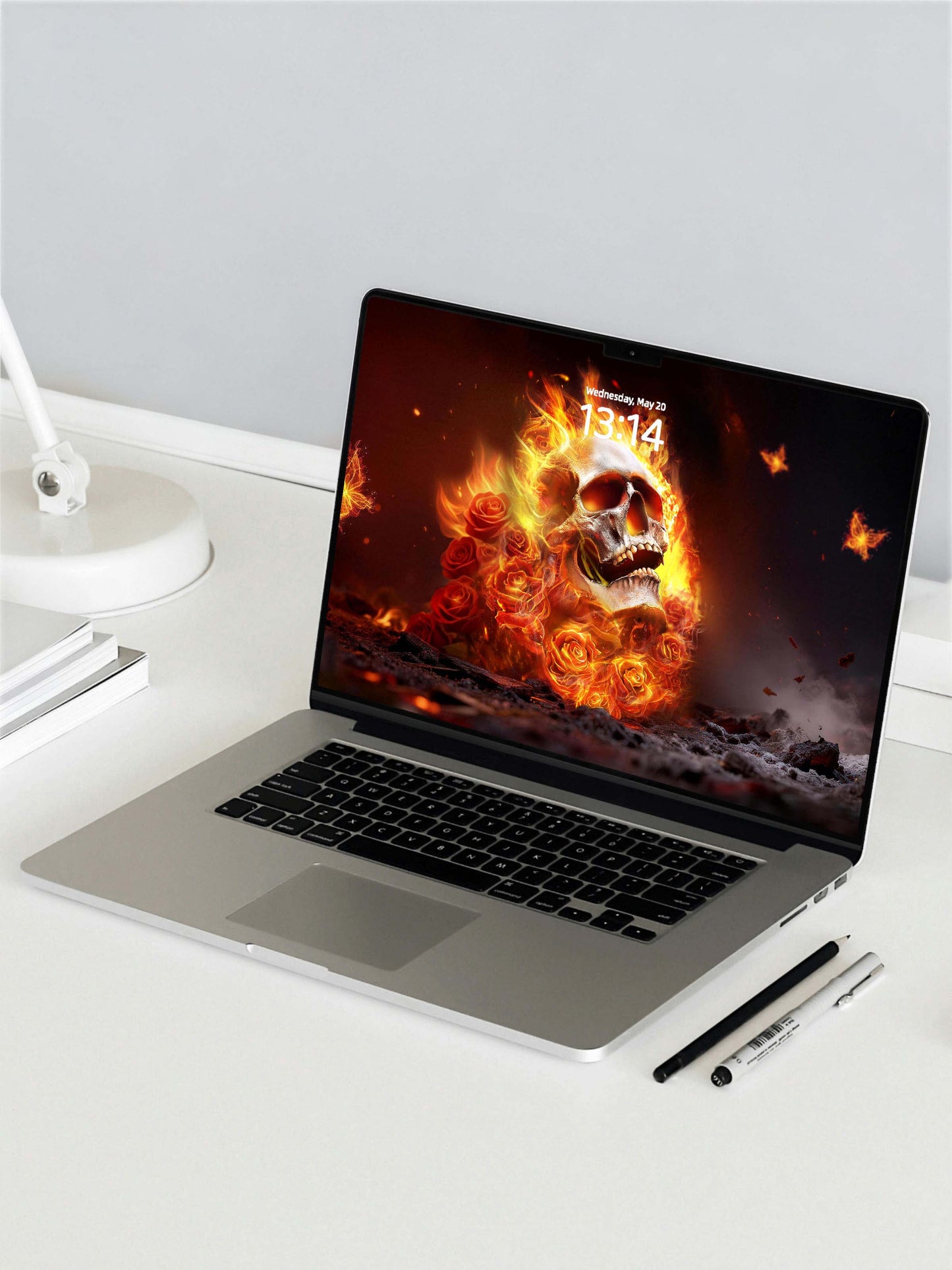 Blazing Fire Rose Skull Digital Wallpaper