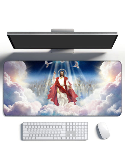 Jesus In Heavenly Clouds With Angels & White Doves Desk Mat