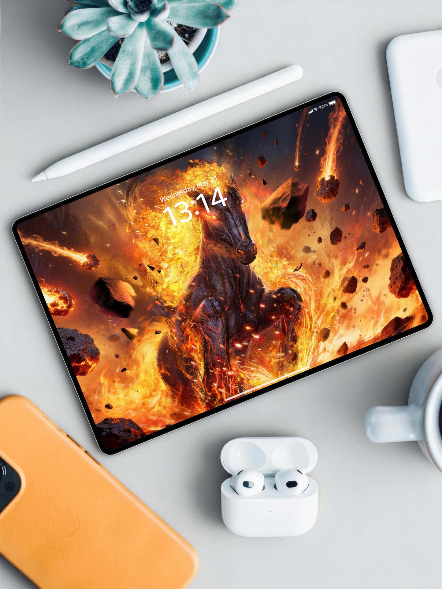 Blazing Flame Black Horse Digital Wallpaper