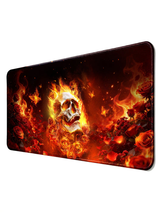 Gothic Red Rose & Fiery Skull Large Extended Gaming Desk Mat