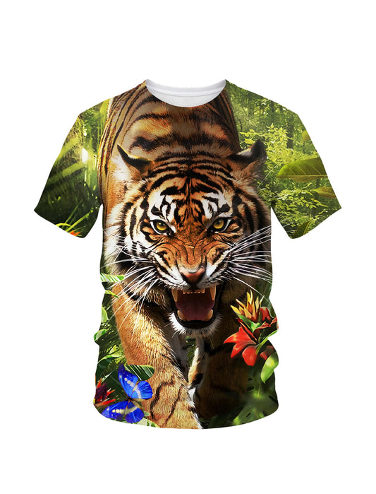 Jungle Tiger with Butterfly 3D All Over Print T-Shirt for Men Women, Wild Animal Graphic Sweatshirt Tropical Leaves
