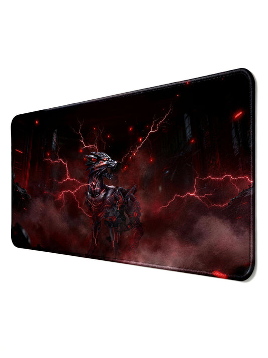 Cybernetic Red Wolf Standing In Dark Futuristic City Large Desk Mat