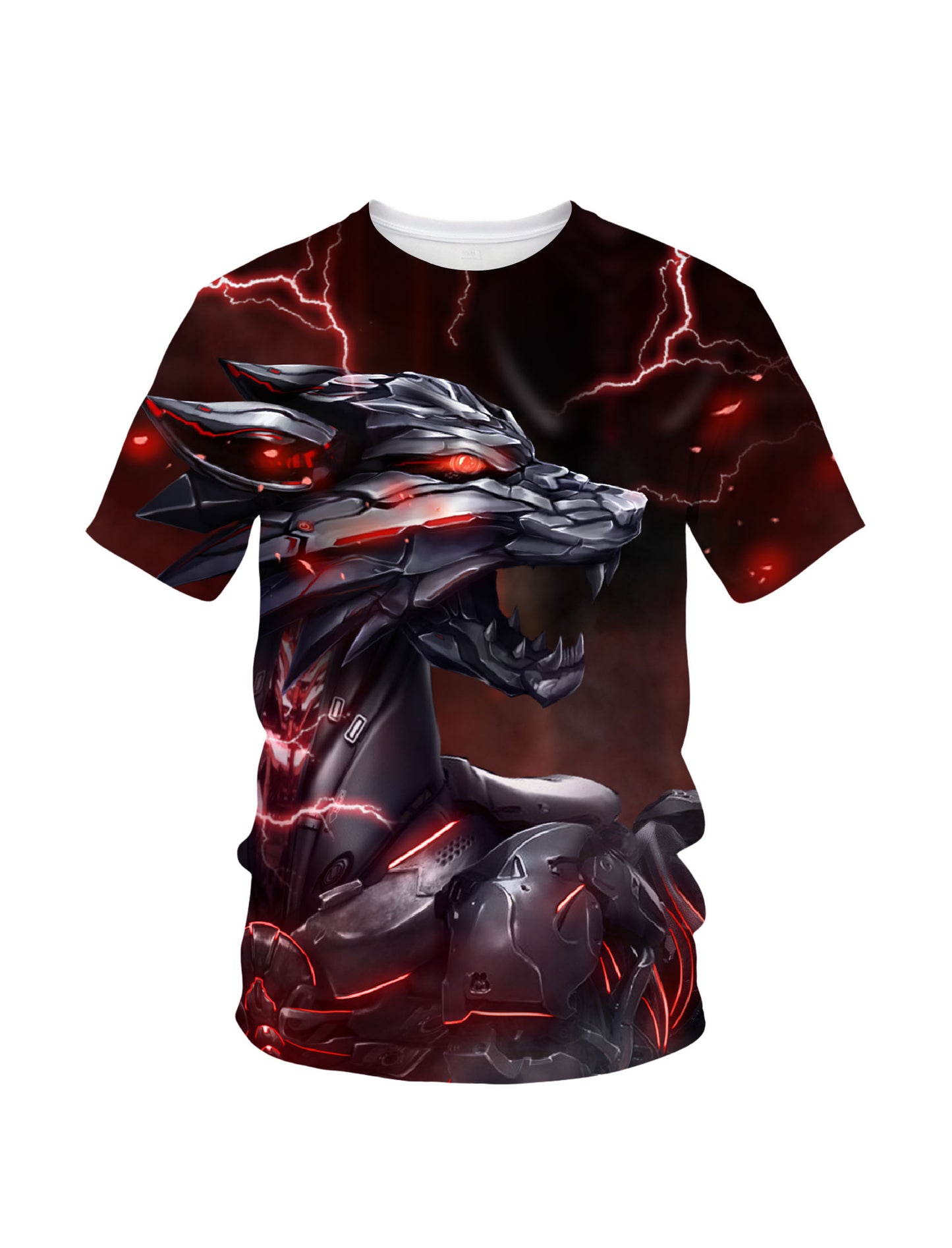 Unisex 3D All Over Print Cyber Wolf T-Shirt with Lightning Red Glow Design