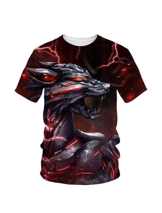 Unisex 3D All Over Print Cyber Wolf T-Shirt with Lightning Red Glow Design