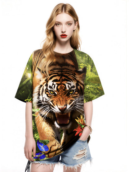 A vibrant oversized tiger jungle t-shirt with 3d printed orange black stripes and tropical butterfly leaves design