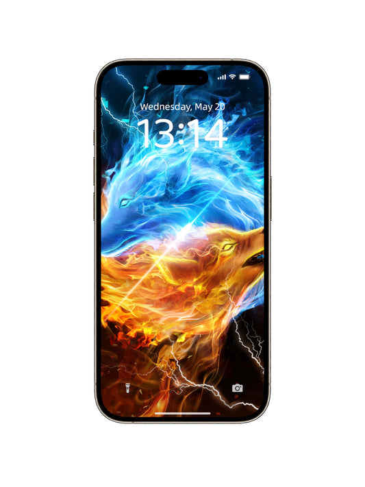 Phone wallpaper featuring dual elemental wolf design with fiery orange and icy blue flames, perfect for edgy style.