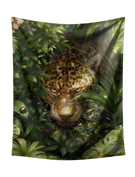 Leopard Stalking Stealthily In Rainy Tropical Jungle Tapestry - Mysterious Wildlife Wall Art for Dark Themed Home Decor