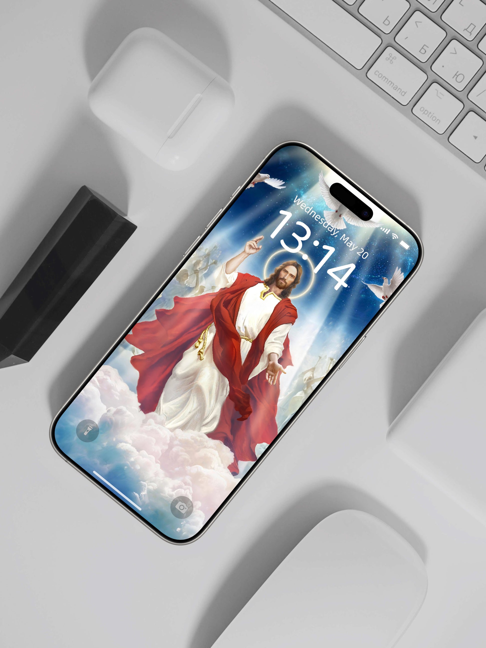 Jesus In Clouds With Halo And White Doves Digital Wallpaper