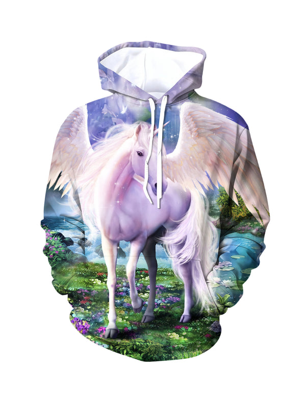 男女3D立體印花獨角獸連帽衫，奇幻飛馬花卉花園設計