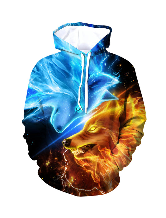 Unisex 3D All Over Print Hoodie Fire Ice Wolf Design Aesthetic Streetwear Soft Comfortable Cotton Blend