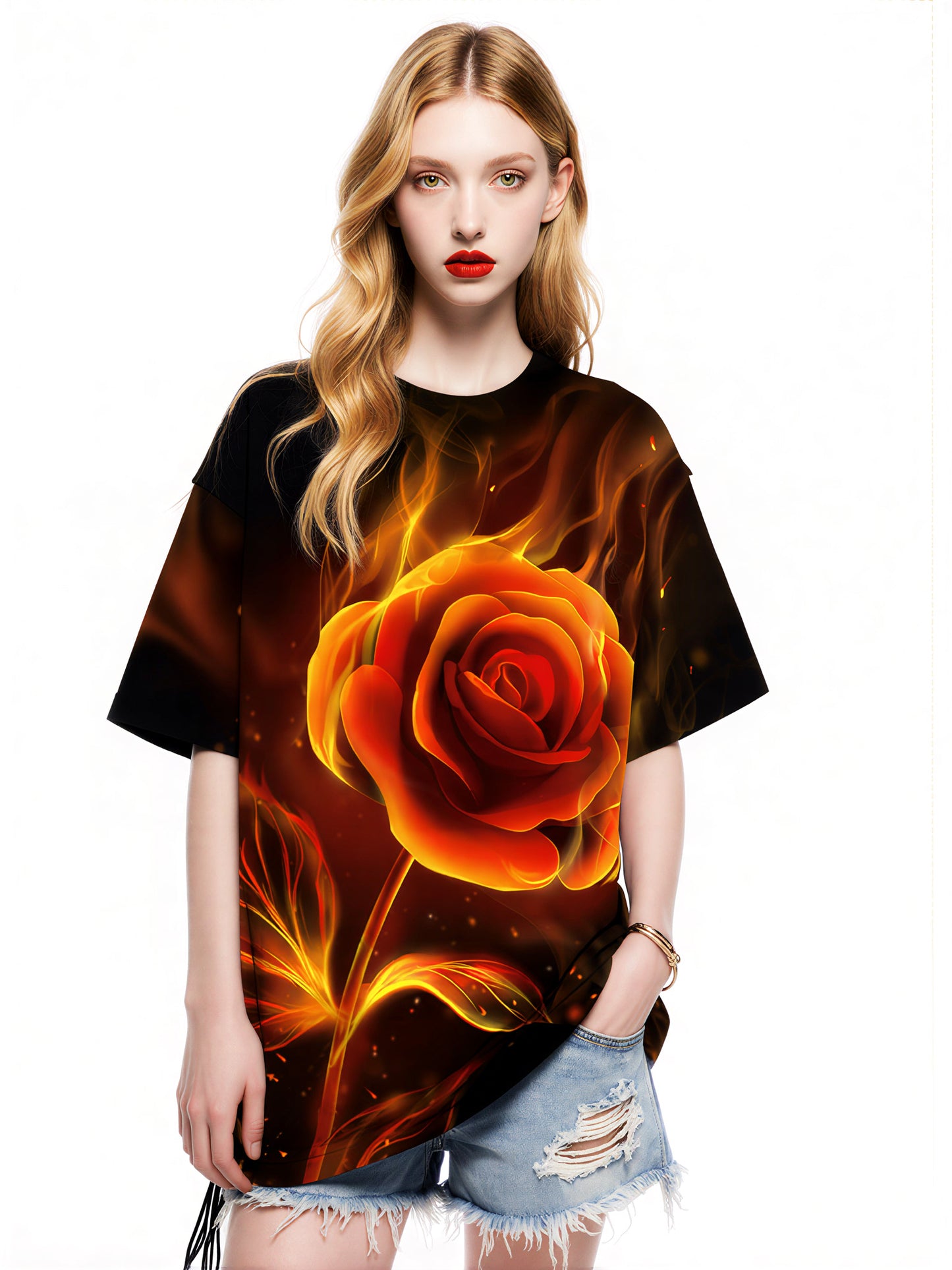3D Flaming Rose All Over Print T-Shirt for Men Women, Fire Flower Graphic Streetwear Sweatshirt
