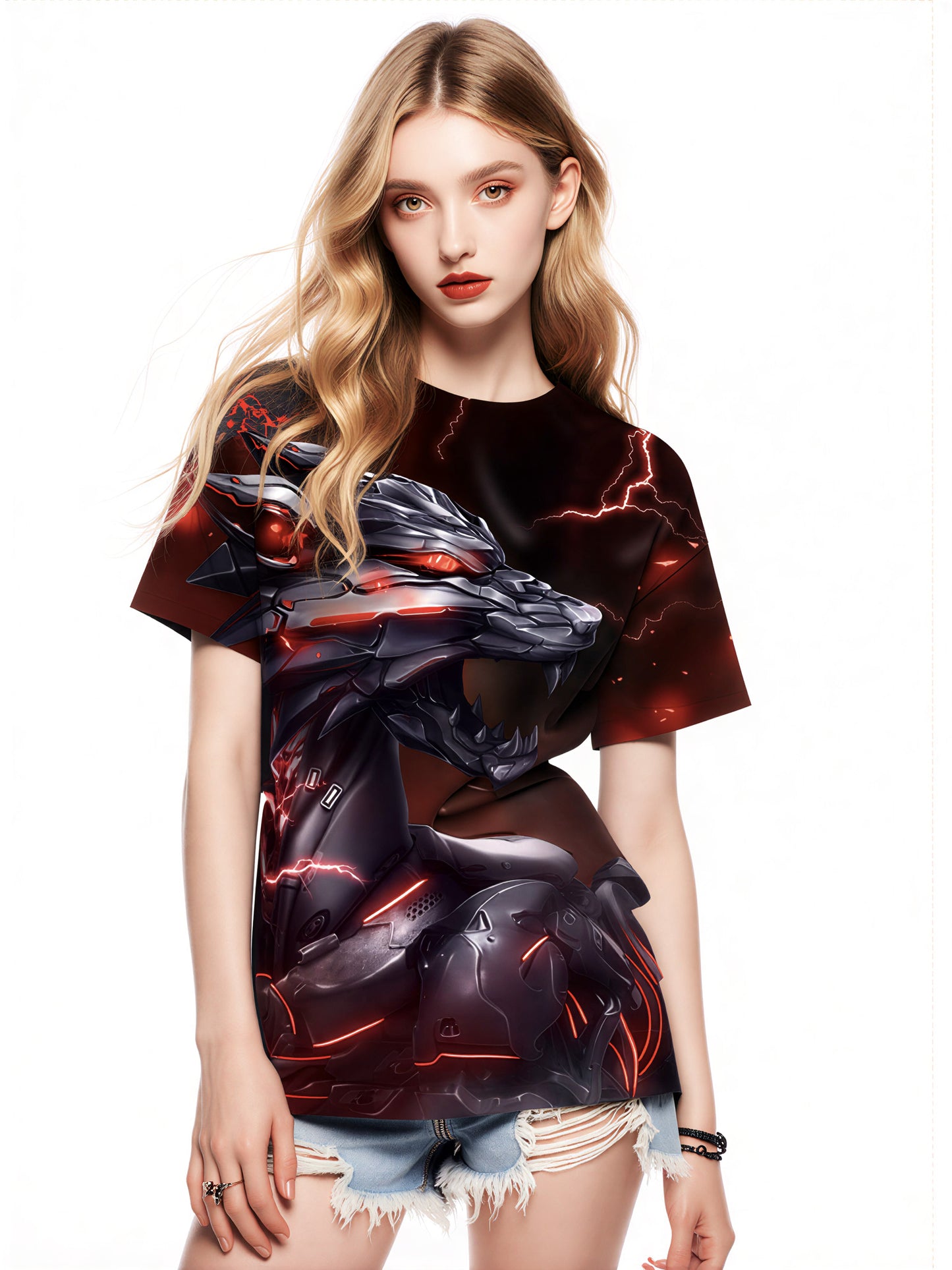 Unisex 3D All Over Print Cyber Wolf T-Shirt with Lightning Red Glow Design