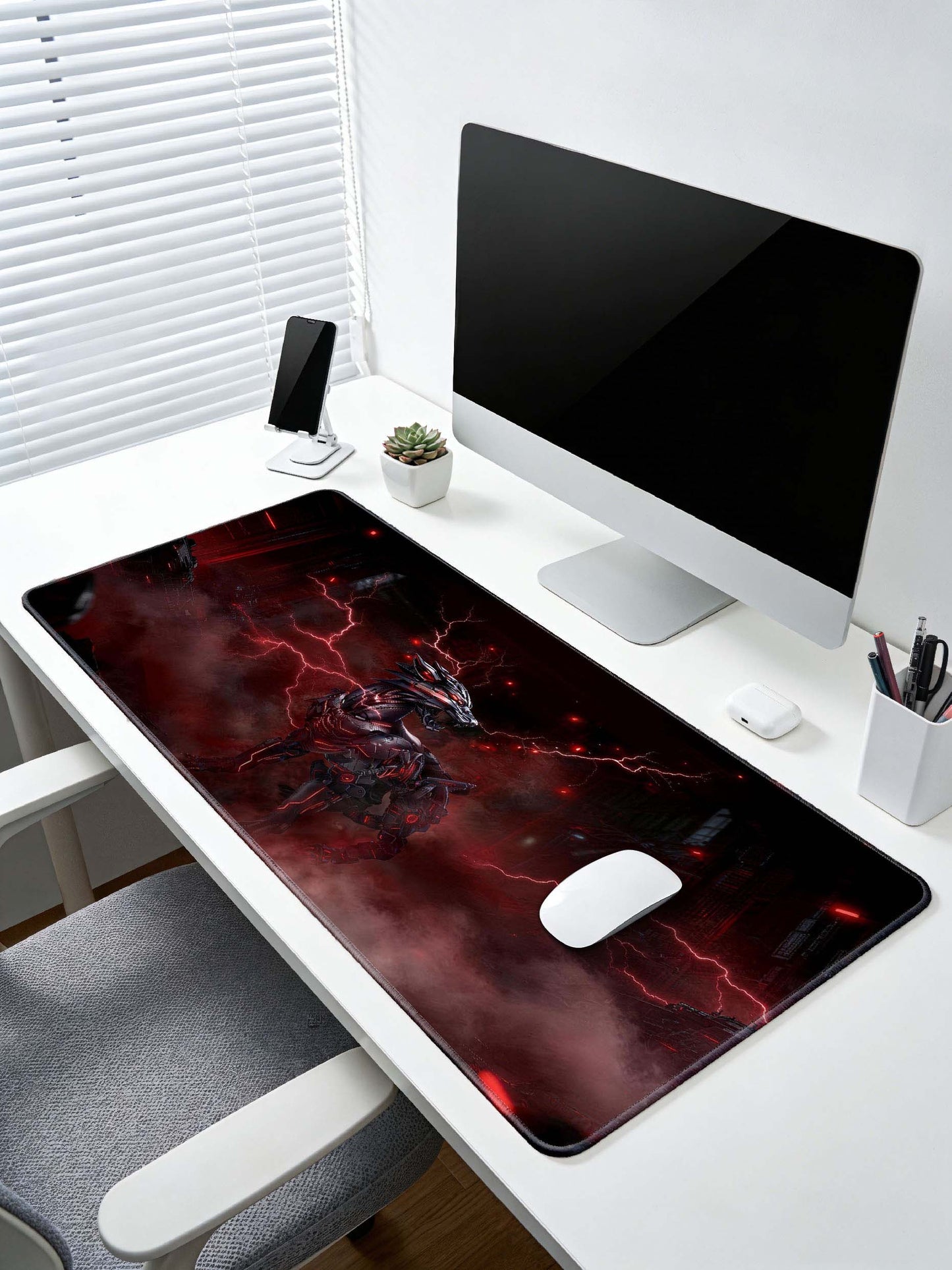 Cybernetic Red Wolf Standing In Dark Futuristic City Large Desk Mat