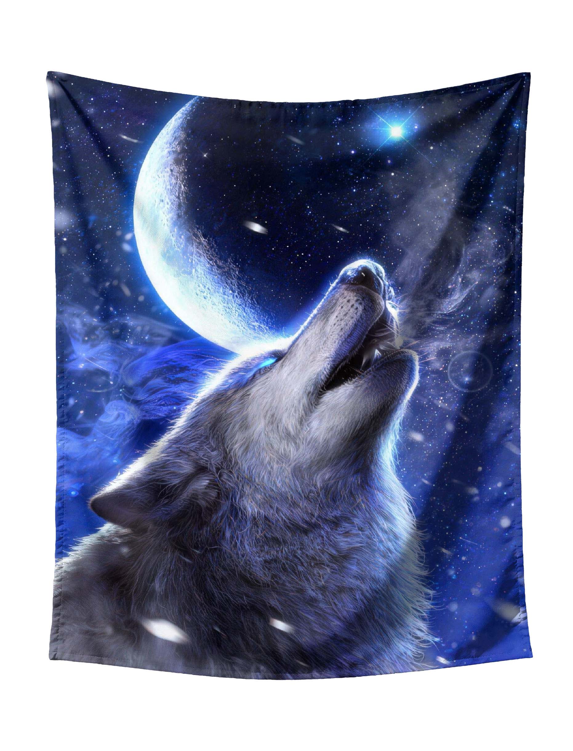 Howling Wolf With Glowing Blue Eyes Under Moonlit Sky Starry Night Tapestry - Cosmic Nebula Wall Art for Astronomy Fantasy Home Decor