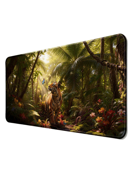 Tiger Watching Butterfly In Tropical Rainforest Extended Desk Mat