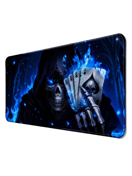 Grim Reaper Holding Four Aces With Blue Flames Desk Mat