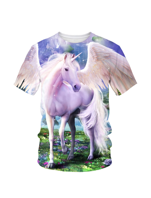 男女 3D 全印花獨角獸 T 卹，奇幻飛馬圖案套頭衫