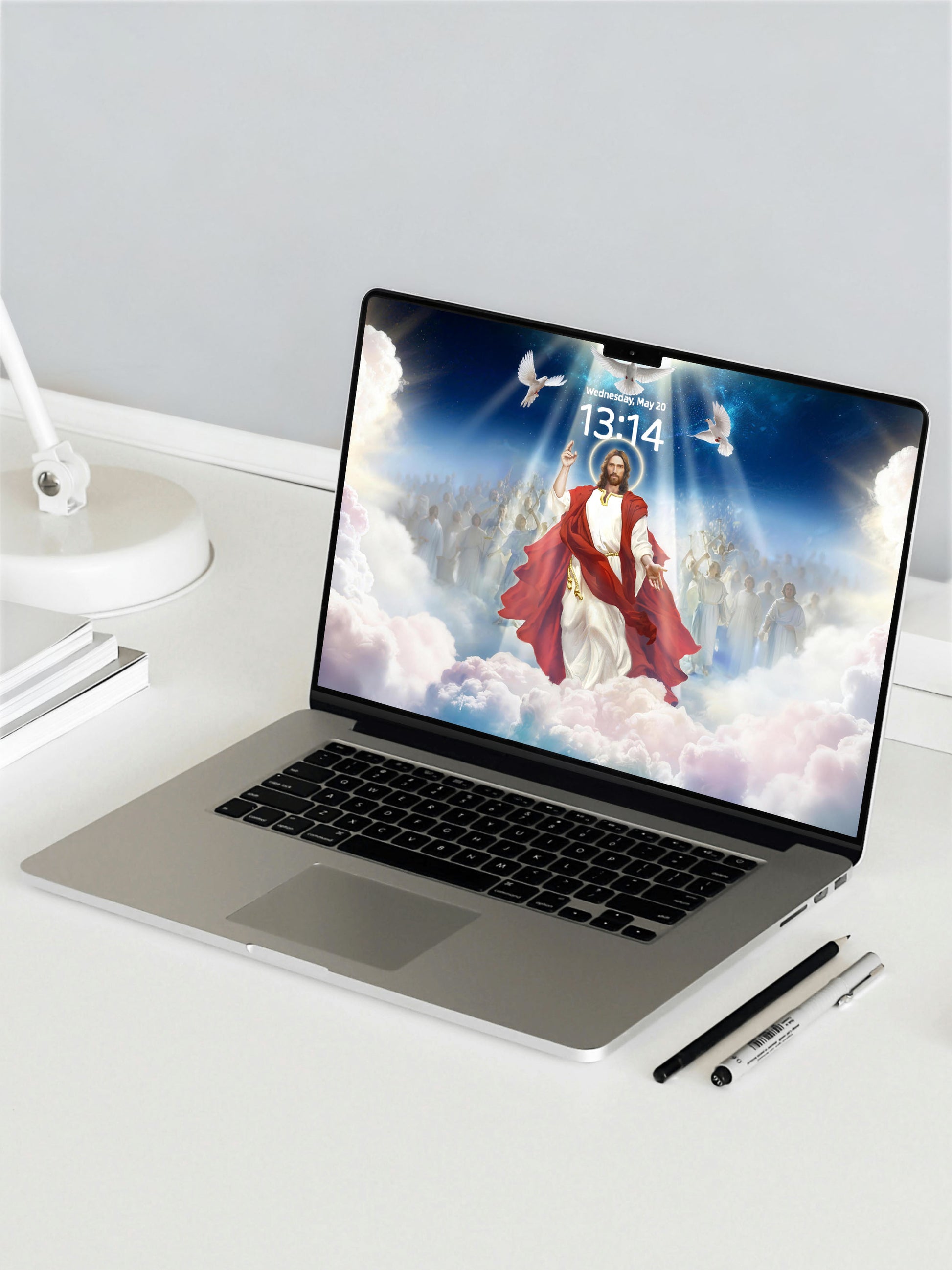 Jesus In Clouds With Halo And White Doves Digital Wallpaper