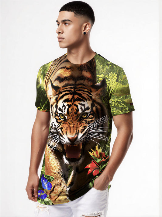 Jungle Tiger with Butterfly 3D All Over Print T-Shirt for Men Women, Wild Animal Graphic Sweatshirt Tropical Leaves