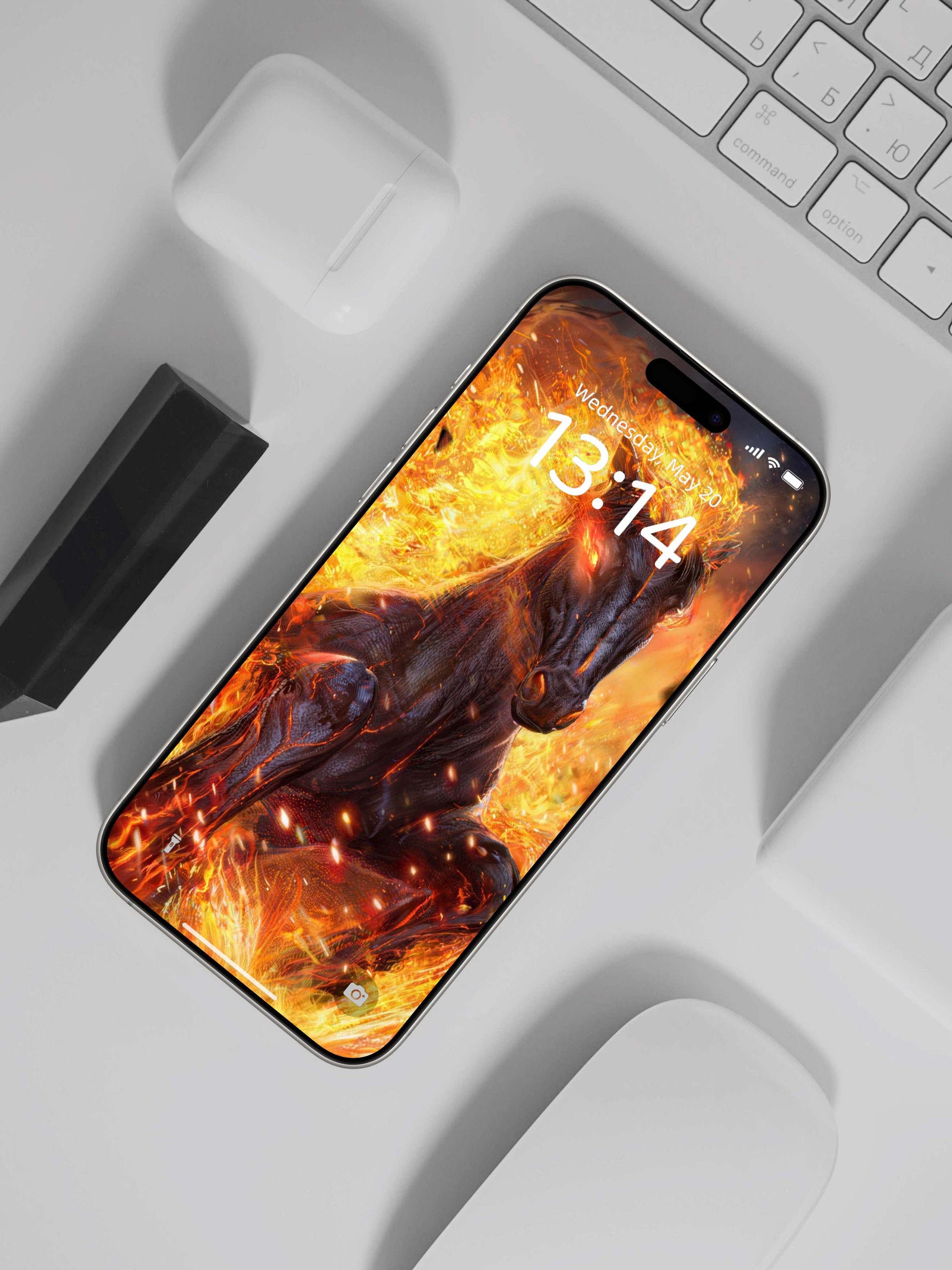 Blazing Flame Black Horse Digital Wallpaper