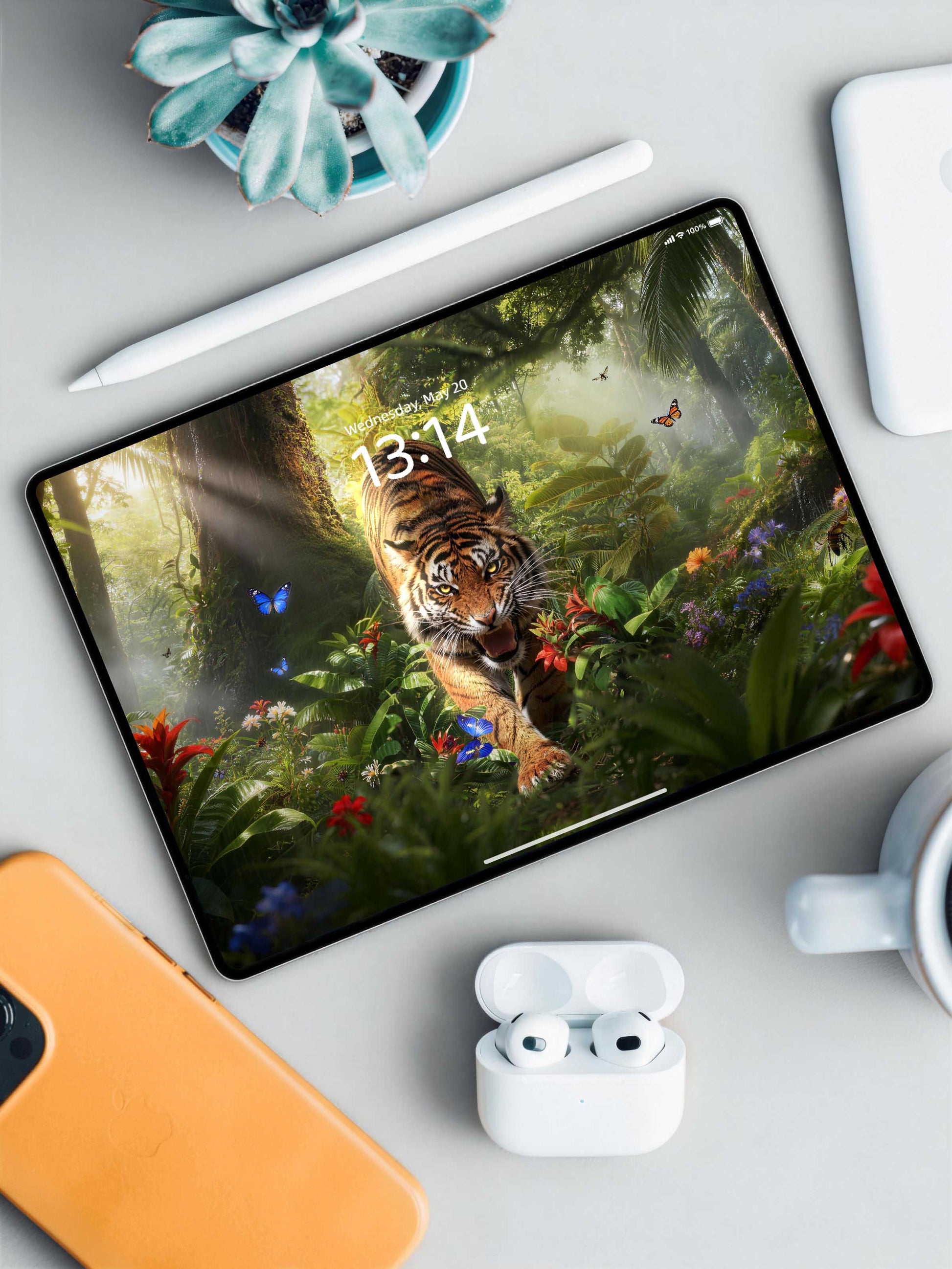 Rainforest Pouncing Tiger Digital Wallpaper
