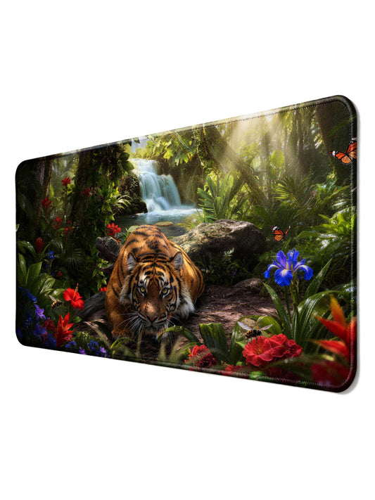 Tiger In Front Of Waterfall In Tropical Rainforest Extended Desk Mat
