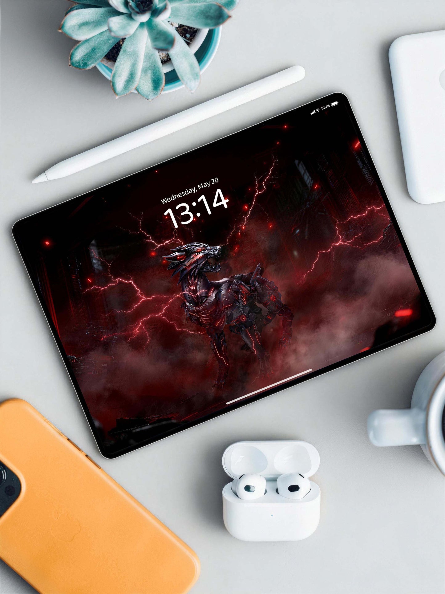 Side View Red Mecha Wolf Digital Wallpaper