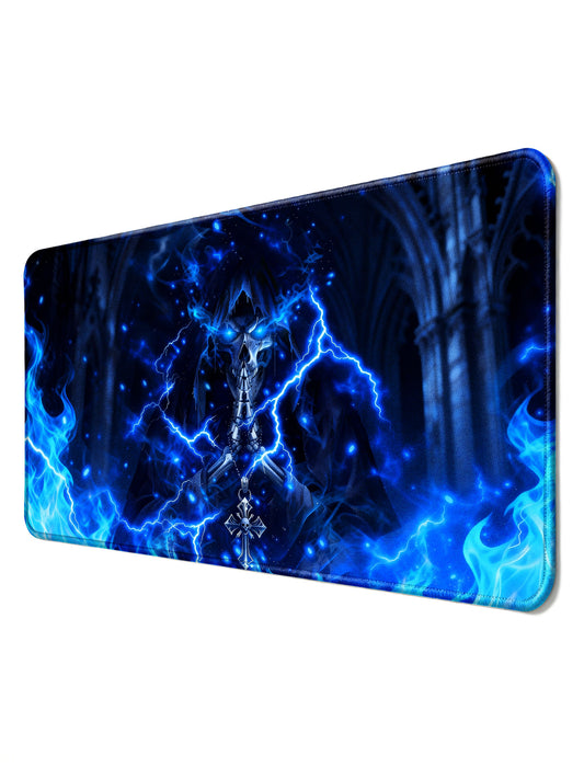 Grim Reaper Praying With Cross & Blue Flames In Gothic Cathedral Desk Mat