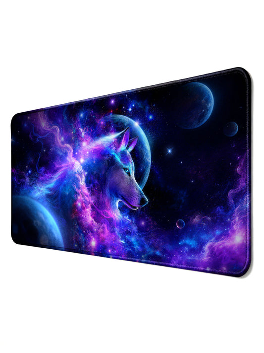 Side Profile Cosmic Wolf With Planets & Swirling Nebula Desk Mat