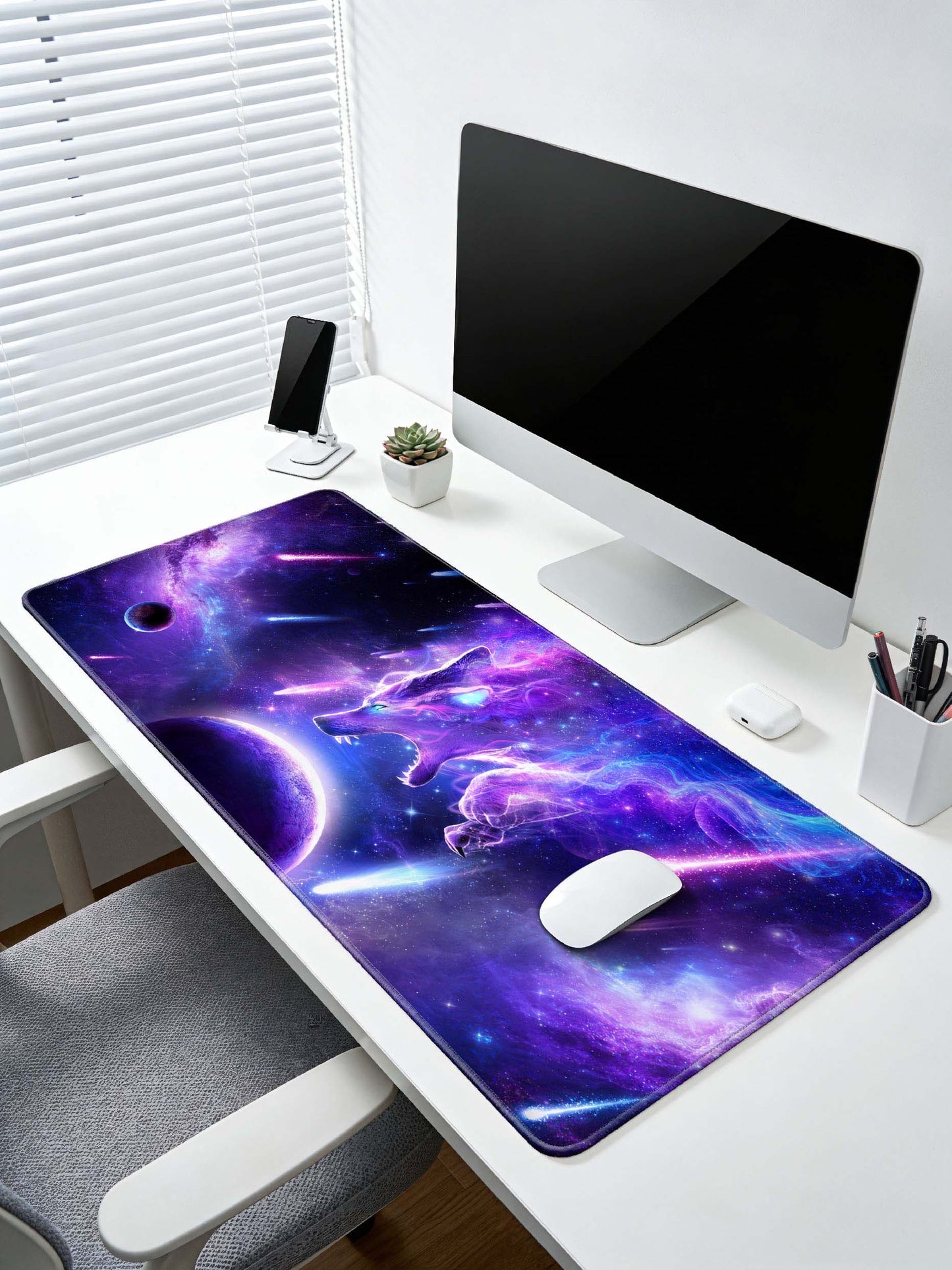 Two Cosmic Wolves (Roaring & Translucent) With Planets & Nebula Desk Mat