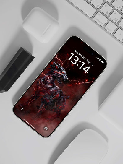 Side View Red Mecha Wolf Digital Wallpaper