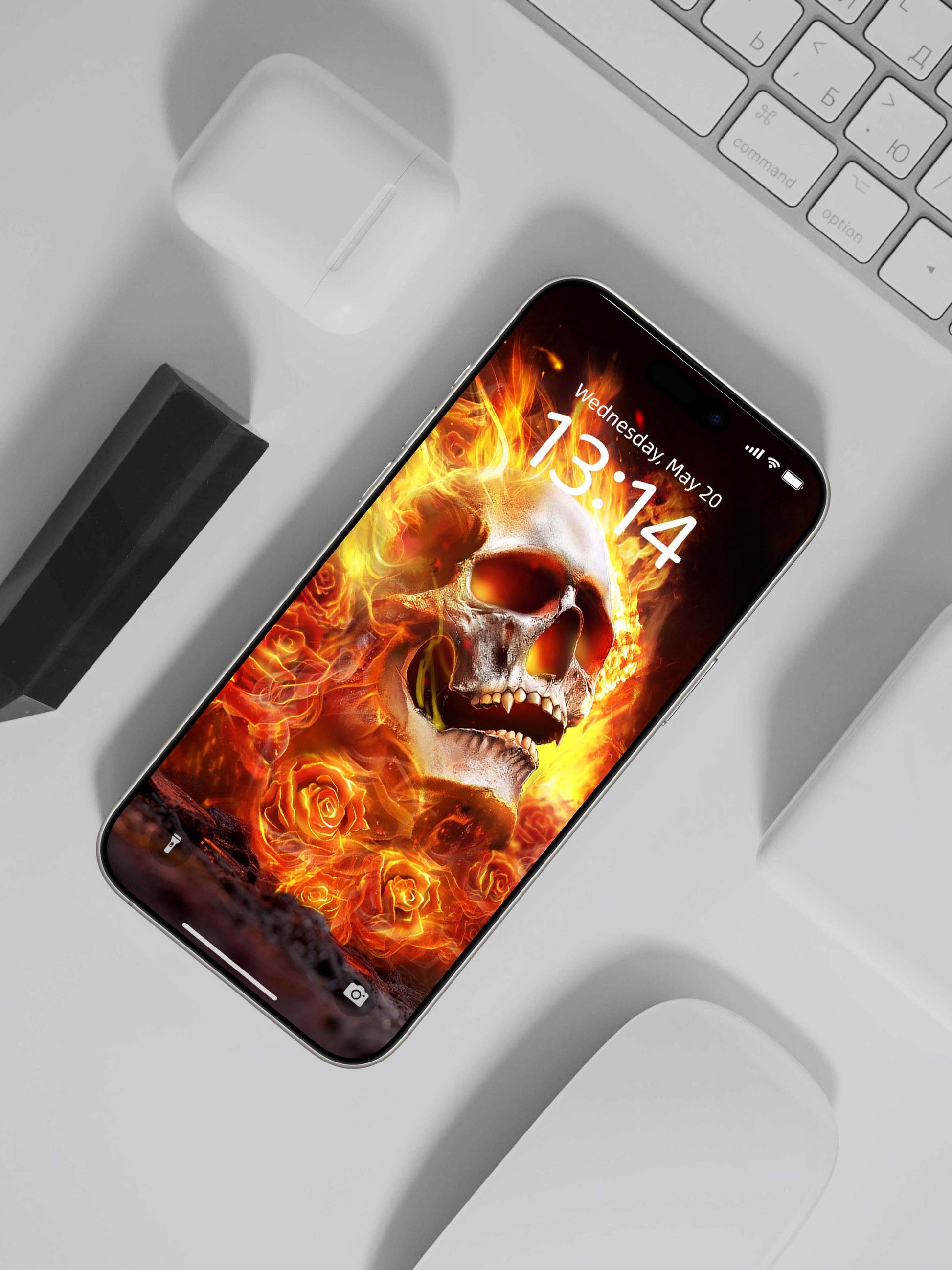 Blazing Fire Rose Skull Digital Wallpaper