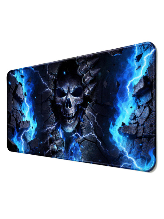 Skull Breaking Through Stone Wall With Blue Flames & Lightning Gaming Desk Mat