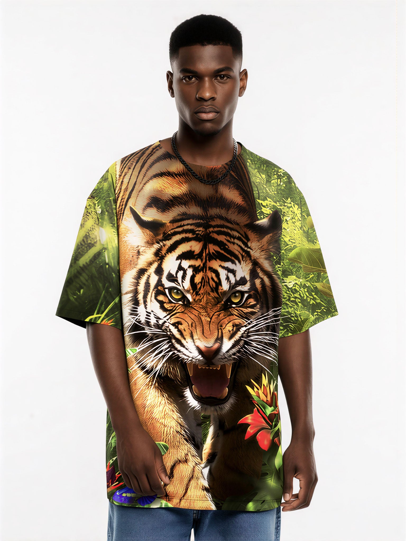 Tiger jungle t-shirt for men and women featuring a vibrant 3d-printed roaring tiger with tropical leaves and flowers