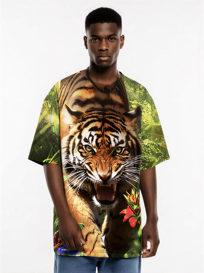 Tiger jungle t-shirt for men and women featuring a vibrant 3d-printed roaring tiger with tropical leaves and flowers