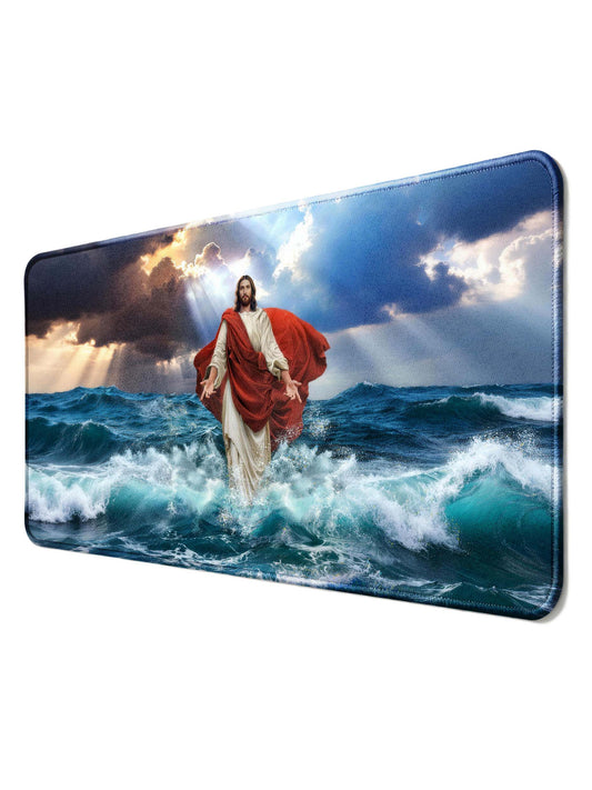 Jesus Walking On Water Amidst Stormy Seas Desk Mat
