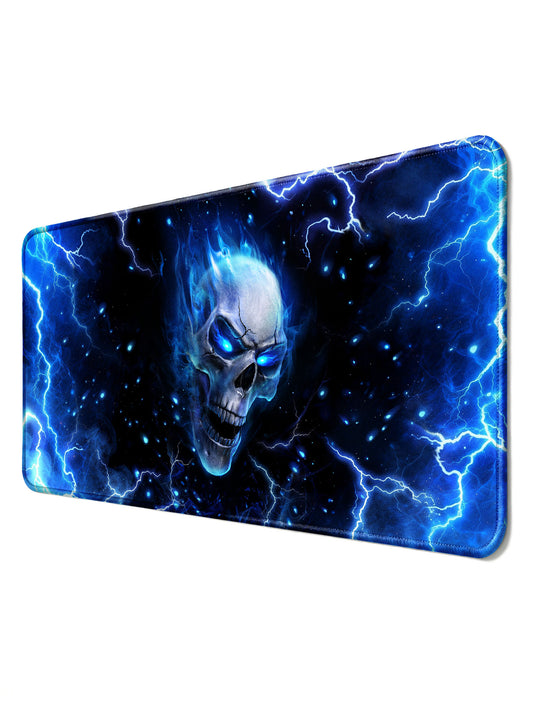 Blue Flame Skull With Glowing Eyes & Lightning Gaming Desk Mat