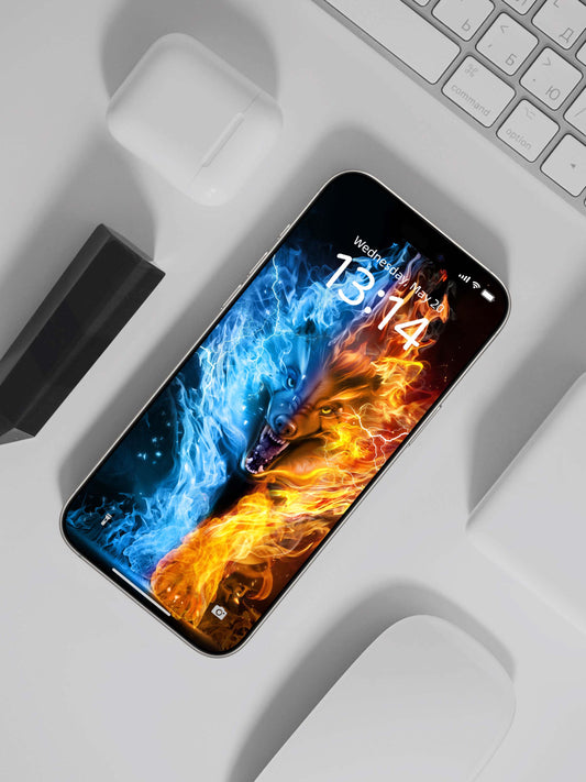 Phone wallpaper showing a striking frostfire wolf design with blue flames and orange fire, embodying edgy style and.