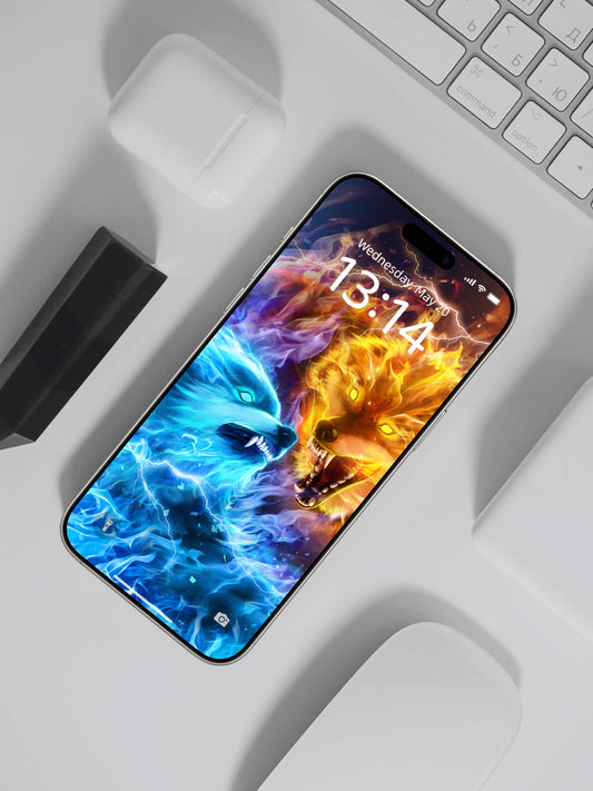 Phone wallpaper featuring a striking blue and orange wolf duel, perfect for streetwear and alternative fashion fans.
