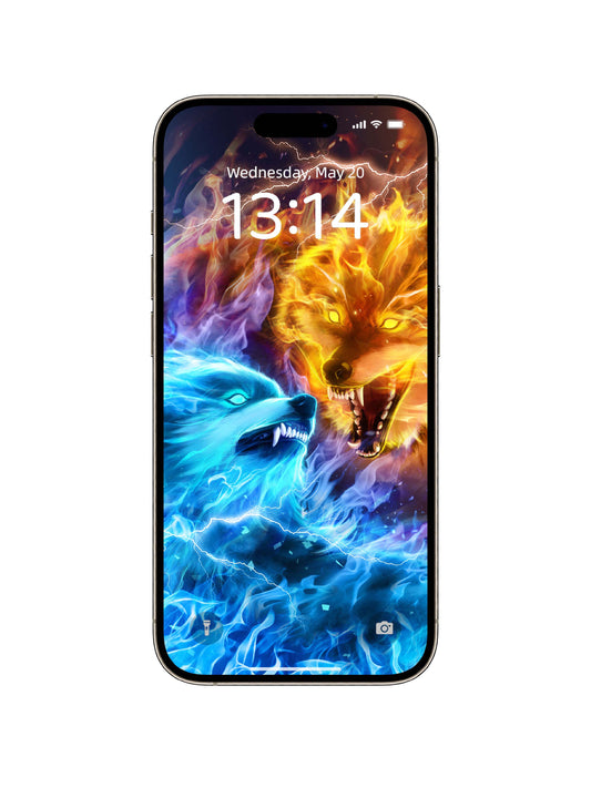 Phone wallpaper featuring fierce blue and orange wolves locked in an epic duel, bold streetwear and alternative fashion vibe .