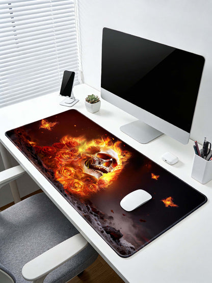 Roaring Skull With Flaming Roses And Butterflies Extended Desk Mat