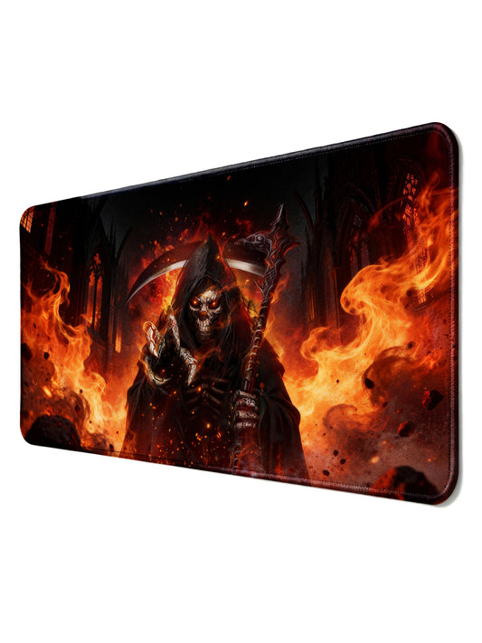 Gothic Cathedral Grim Reaper With Flaming Scythe Large Extended Desk Mat