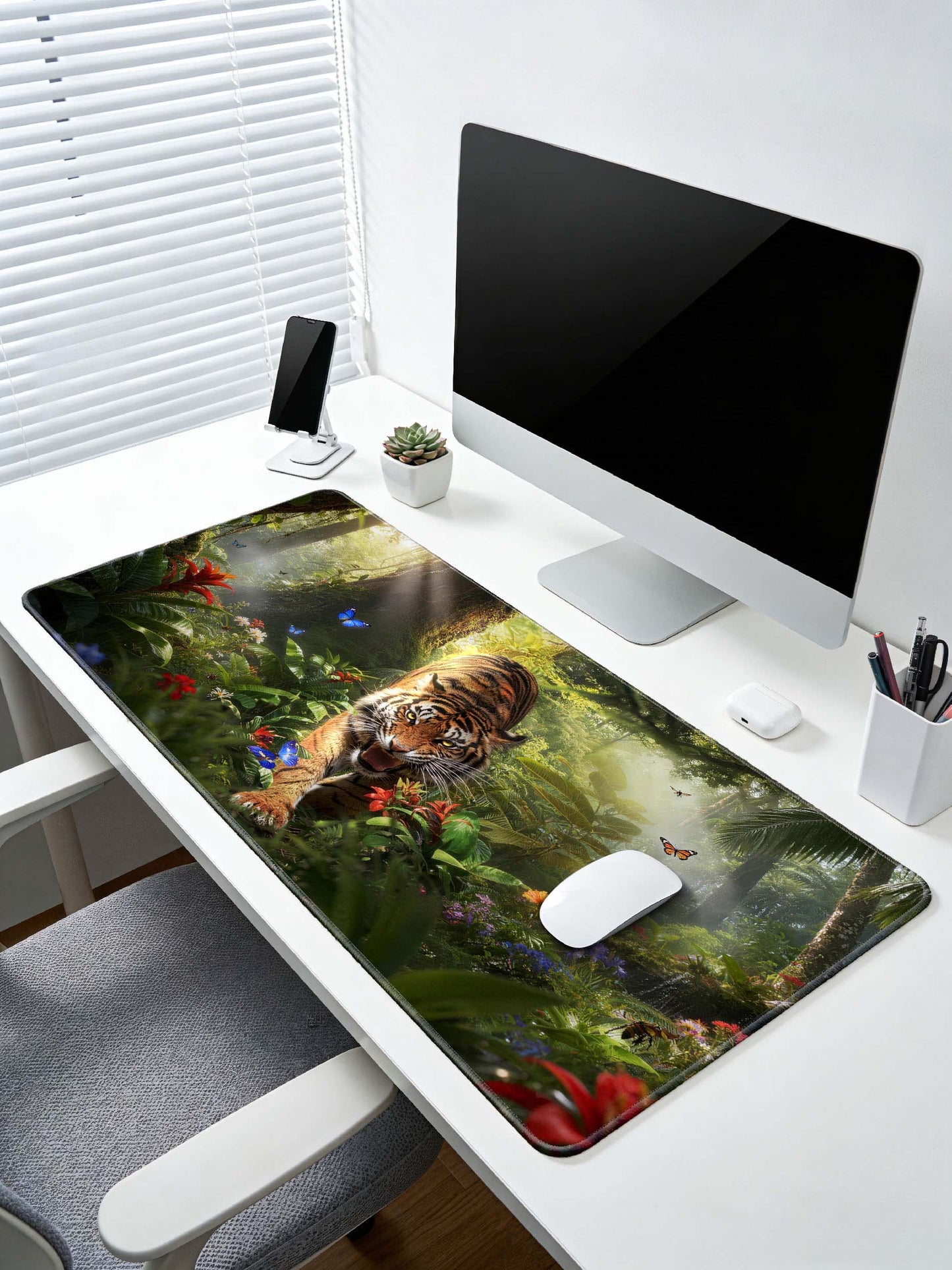 Tiger Charging Through Tropical Rainforest Extended Desk Mat