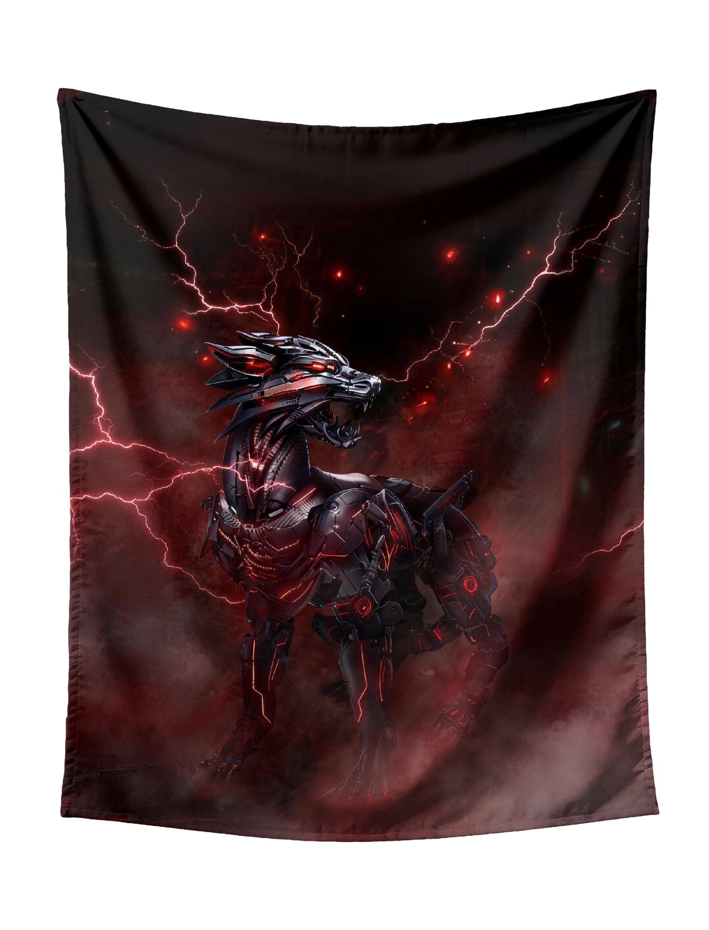 Cybernetic Wolf Standing With Red Lightning Tapestry - Futuristic Sci-Fi Wall Hanging for Bold Home Decor