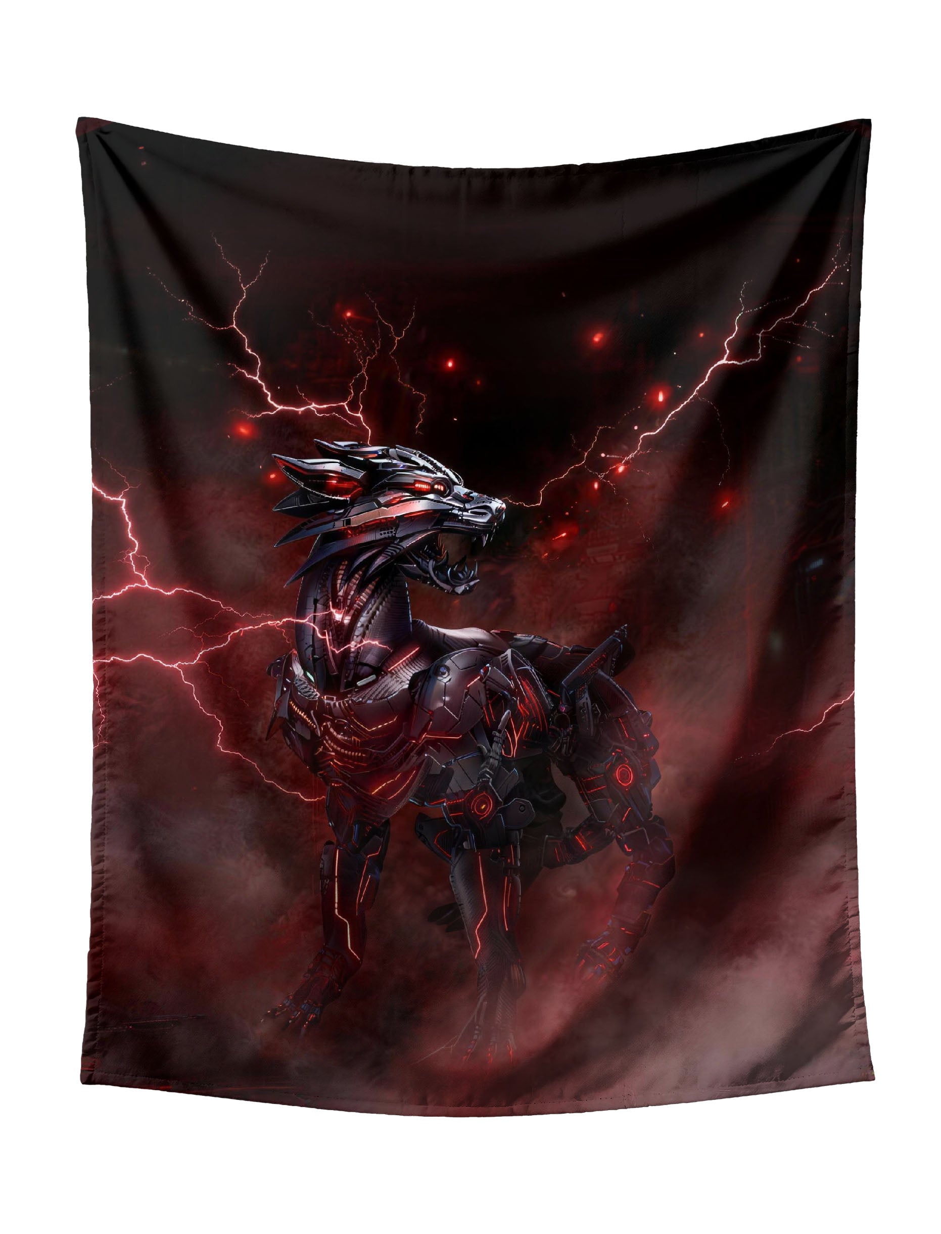 Cybernetic Wolf Standing With Red Lightning Tapestry - Futuristic Sci-Fi Wall Hanging for Bold Home Decor
