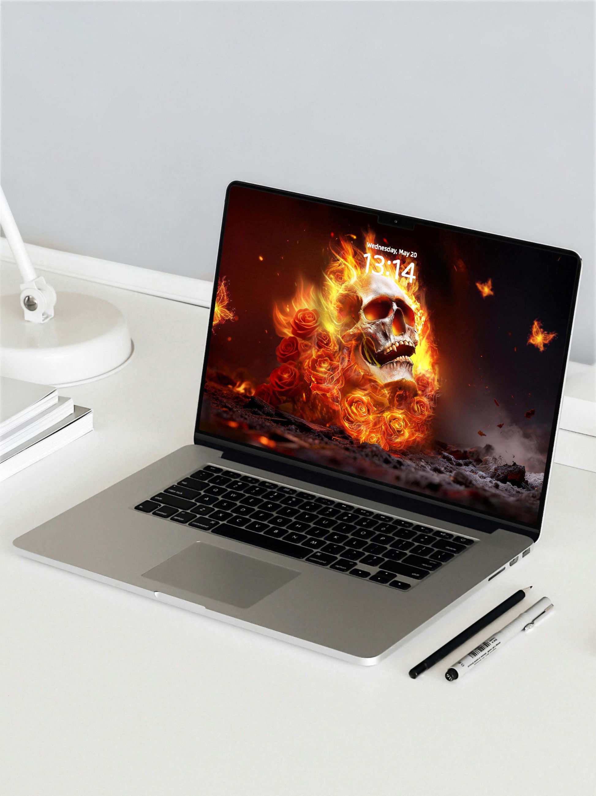 Blazing Fire Rose Skull Digital Wallpaper